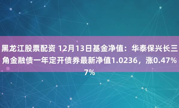 黑龙江股票配资 12月13日基金净值：华泰保兴长三角金融债一年定开债券最新净值1.0236，涨0.47%